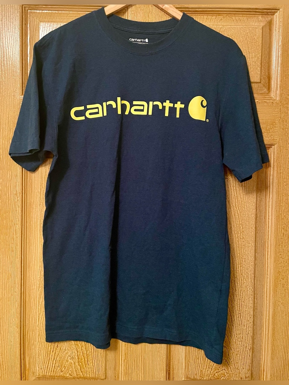 Carhartt Blue Short-Sleeve Tee with Yellow Logo size Small Loose fit